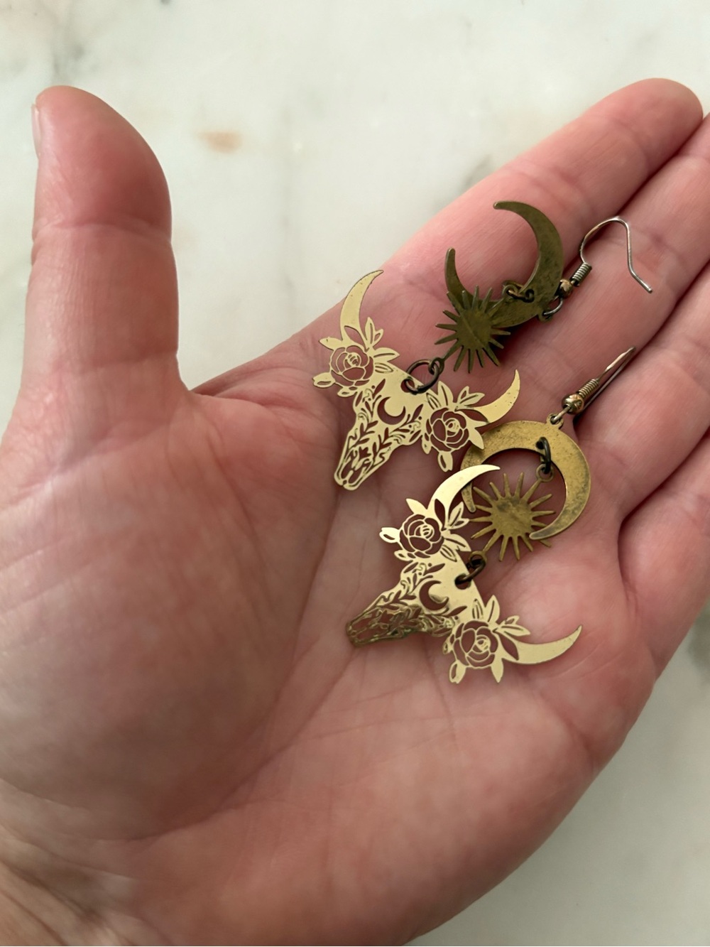 Gold Floral Longhorn Crescent Drop Earrings - Women Jewelry